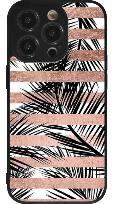 Coque iPhone 14 Pro - Silicone rigide noir Palm trees gold stripes
