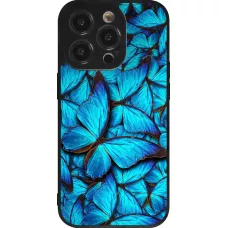 Coque iPhone 14 Pro - Silicone rigide noir Papillon bleu