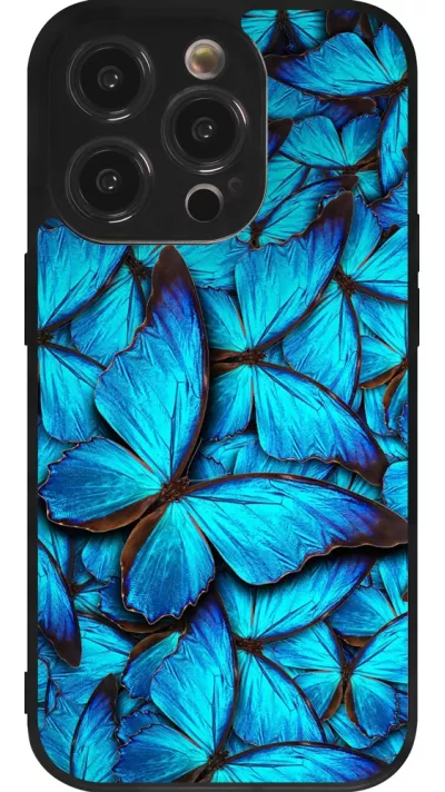 Coque iPhone 14 Pro - Silicone rigide noir Papillon bleu