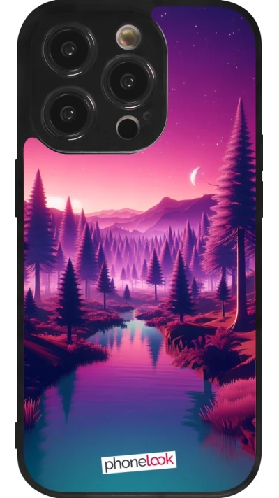 Coque iPhone 14 Pro - Silicone rigide noir Paysage Violet-Rose