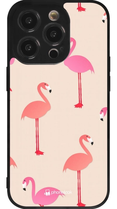 Coque iPhone 14 Pro - Silicone rigide noir Pink Flamingos Pattern