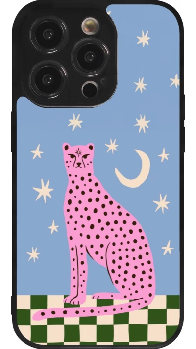 Coque iPhone 14 Pro - Silicone rigide noir Pink leopard with stars 2026