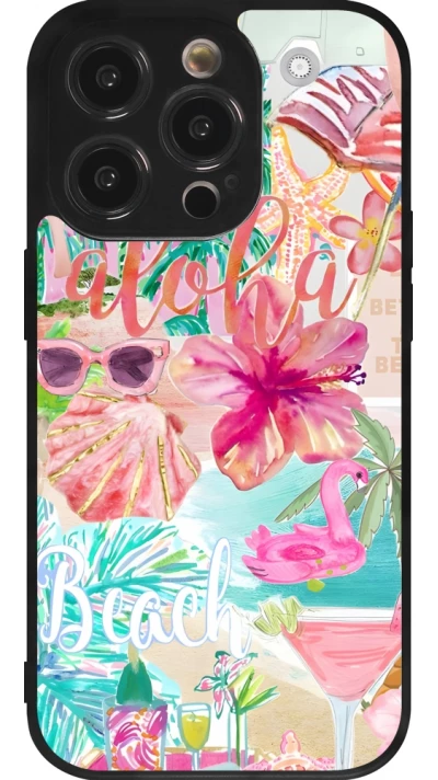 Coque iPhone 14 Pro - Silicone rigide noir Preppy Collage Aloha