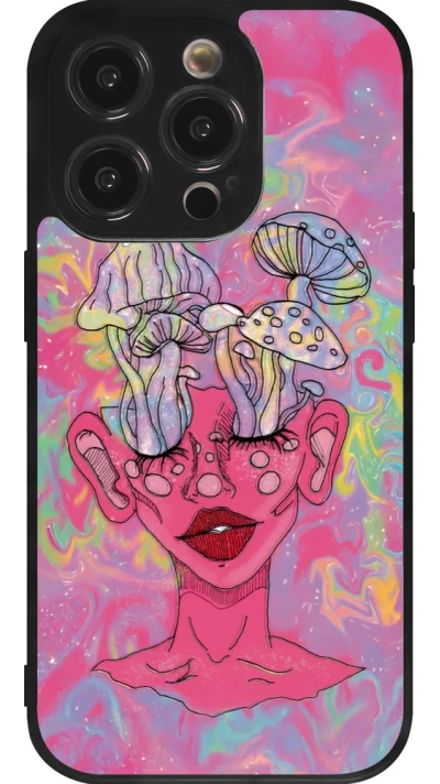 Coque iPhone 14 Pro - Silicone rigide noir Psychedelic pink mushroom