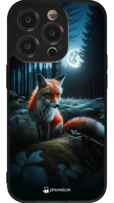 Coque iPhone 14 Pro - Silicone rigide noir Renard lune forêt