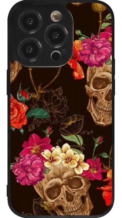 iPhone 14 Pro Case Hülle - Silikon schwarz Skulls and flowers