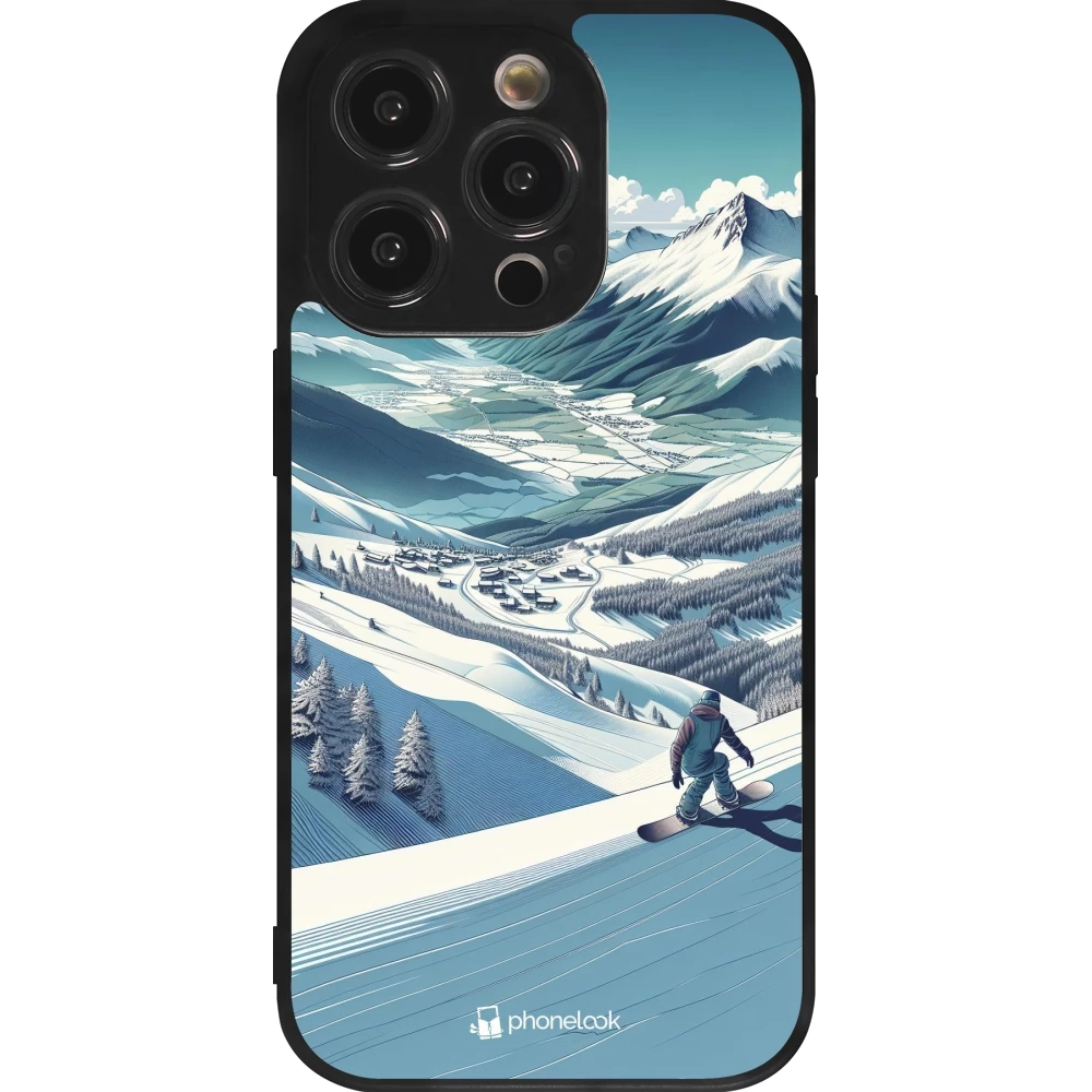 iPhone 14 Pro Case Hülle - Silikon schwarz Snowboarder Berg