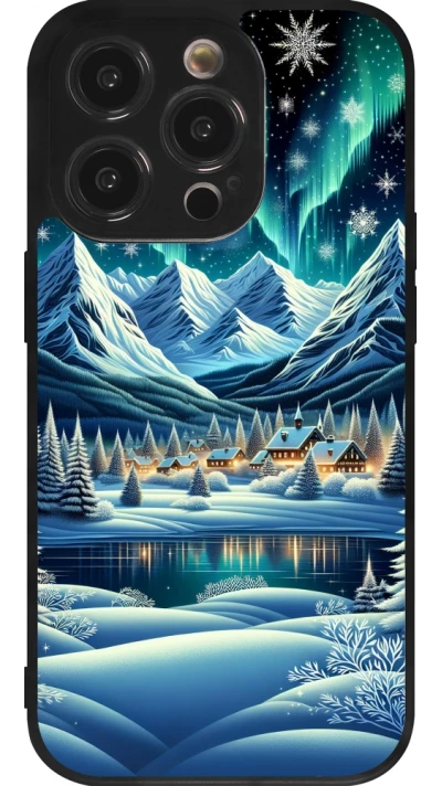 iPhone 14 Pro Case Hülle - Silikon schwarz Verschneites Bergdorf am See in der Nacht