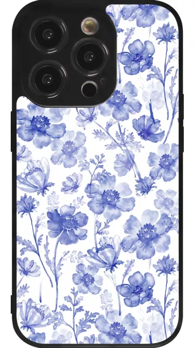 iPhone 14 Pro Case Hülle - Silikon schwarz Spring 23 watercolor blue flowers