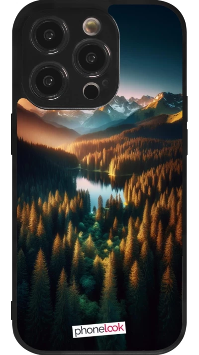 iPhone 14 Pro Case Hülle - Silikon schwarz Sonnenuntergang Waldsee