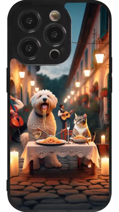 iPhone 14 Pro Case Hülle - Silikon schwarz Valentin 2024 Hund & Katze Kerzenlicht