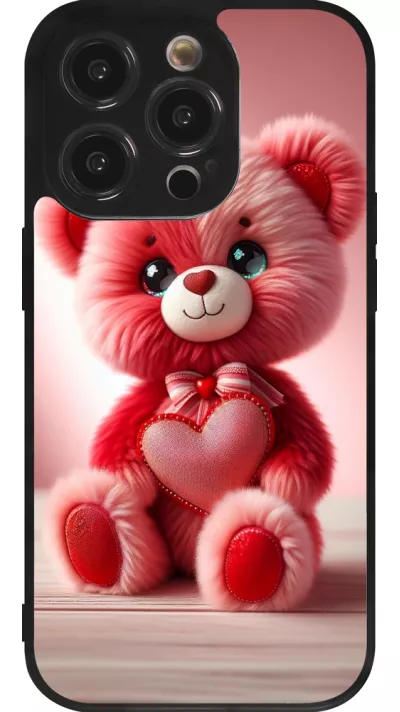iPhone 14 Pro Case Hülle - Silikon schwarz Valentin 2024 Rosaroter Teddybär