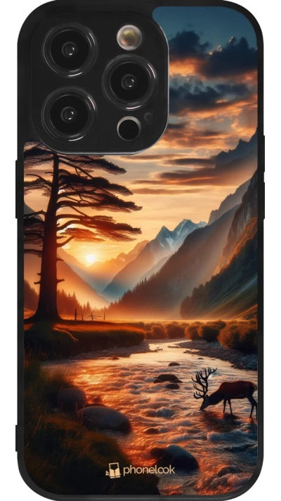 iPhone 14 Pro Case Hülle - Silikon schwarz Tal Sonnenuntergang Hirsch Baum