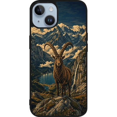 Coque iPhone 15 - Silicone rigide noir Linocut Bouquetin