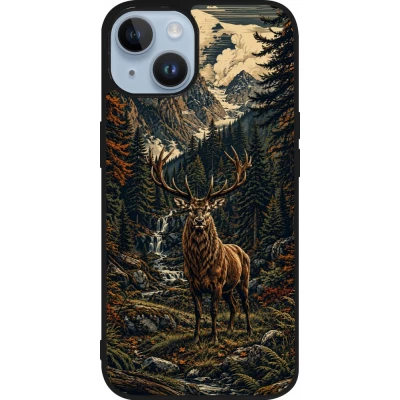 Coque iPhone 15 - Silicone rigide noir Linocut Cerf