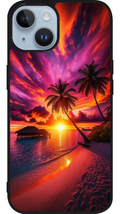 Coque iPhone 15 - Silicone rigide noir Maldives Dusk Bliss