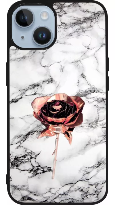 Coque iPhone 15 - Silicone rigide noir Marble Rose Gold
