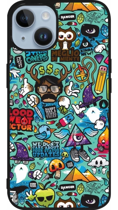 Coque iPhone 15 - Silicone rigide noir Mixed Cartoons Turquoise