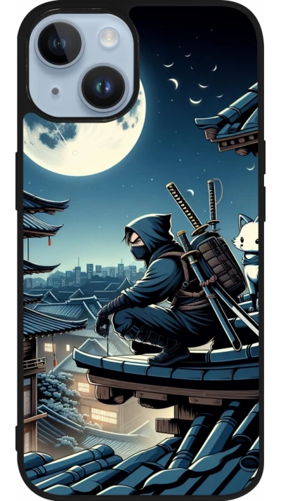 Coque iPhone 15 - Silicone rigide noir Ninja sous la lune