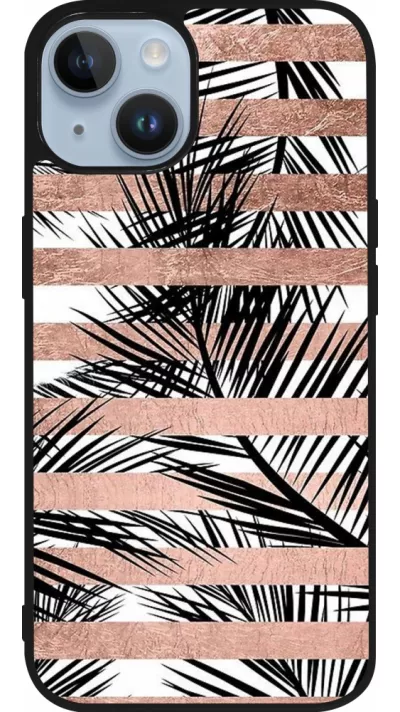 Coque iPhone 15 - Silicone rigide noir Palm trees gold stripes