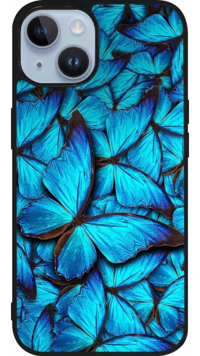 Coque iPhone 15 - Silicone rigide noir Papillon bleu