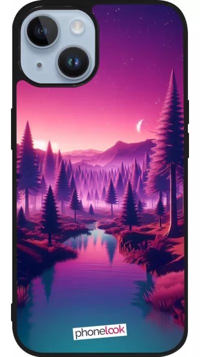 Coque iPhone 15 - Silicone rigide noir Paysage Violet-Rose