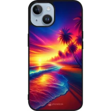 Coque iPhone 15 - Silicone rigide noir Plage coucher soleil flashy