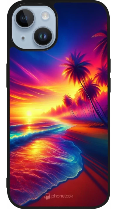 Coque iPhone 15 - Silicone rigide noir Plage coucher soleil flashy
