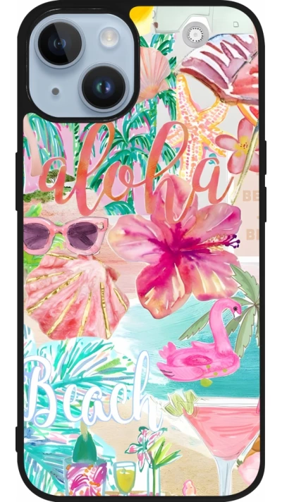 Coque iPhone 15 - Silicone rigide noir Preppy Collage Aloha