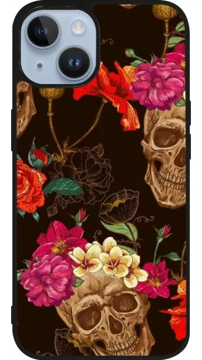 iPhone 15 Case Hülle - Silikon schwarz Skulls and flowers