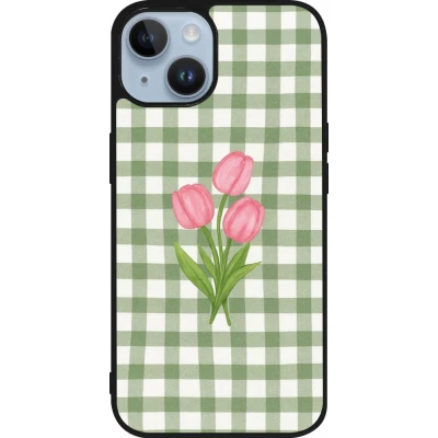Coque iPhone 15 - Silicone rigide noir Green vichy tulips Spring 2026