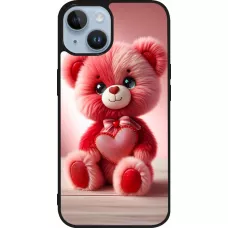 Coque iPhone 15 - Silicone rigide noir Valentine 2024 Ourson rose