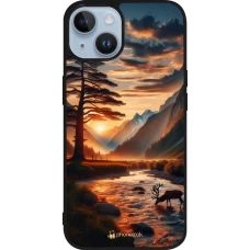 Coque iPhone 15 - Silicone rigide noir Valley Sunset Deer Tree