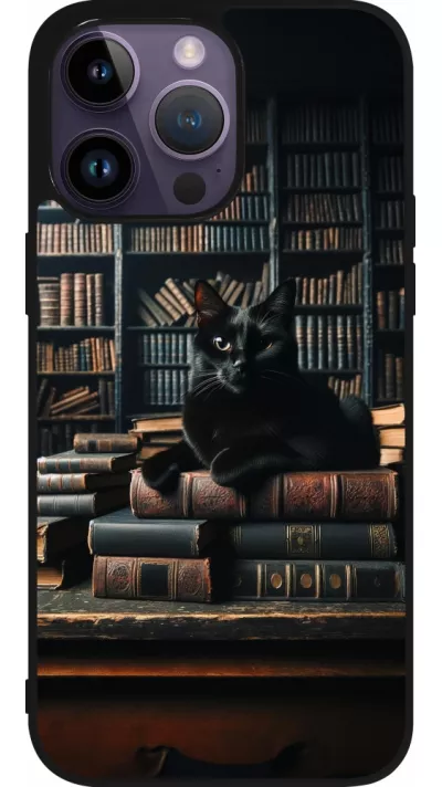 iPhone 15 Pro Max Case Hülle - Silikon schwarz Katze Bücher dunkel