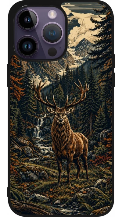 iPhone 15 Pro Max Case Hülle - Silikon schwarz Linocut Reh