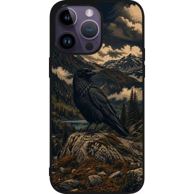 Coque iPhone 15 Pro Max - Silicone rigide noir Linocut Grand Corbeau