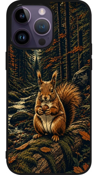 iPhone 15 Pro Max Case Hülle - Silikon schwarz Linocut Eichhörnchen