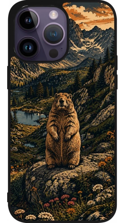 iPhone 15 Pro Max Case Hülle - Silikon schwarz Linocut Murmeltier