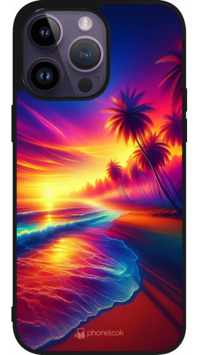 Coque iPhone 15 Pro Max - Silicone rigide noir Plage coucher soleil flashy