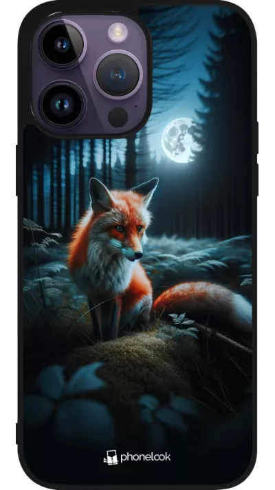 Coque iPhone 15 Pro Max - Silicone rigide noir Renard lune forêt