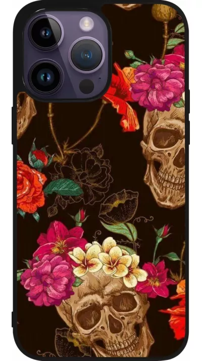 Coque iPhone 15 Pro Max - Silicone rigide noir Skulls and flowers