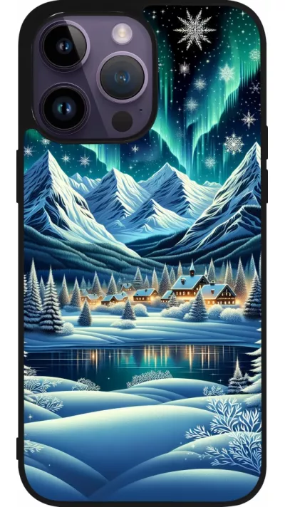 iPhone 15 Pro Max Case Hülle - Silikon schwarz Verschneites Bergdorf am See in der Nacht