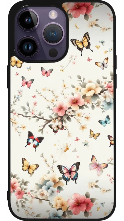 Coque iPhone 15 Pro Max - Silicone rigide noir Spring 25 Papillons Légers