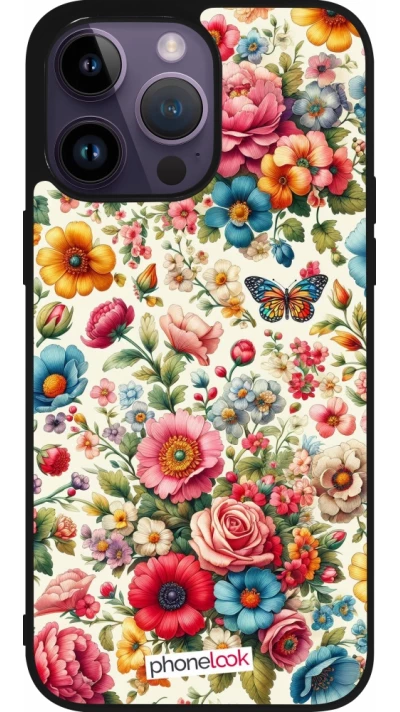 Coque iPhone 15 Pro Max - Silicone rigide noir Spring 25 printemps fleuri