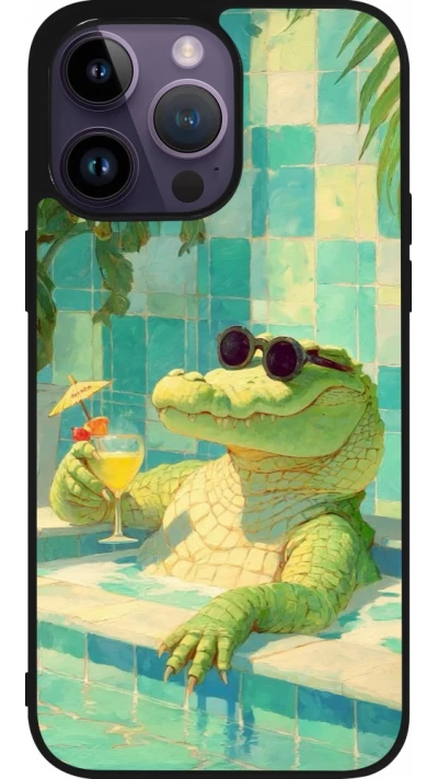 Coque iPhone 15 Pro Max - Silicone rigide noir Crocodile in the swimming pool Summer 2026