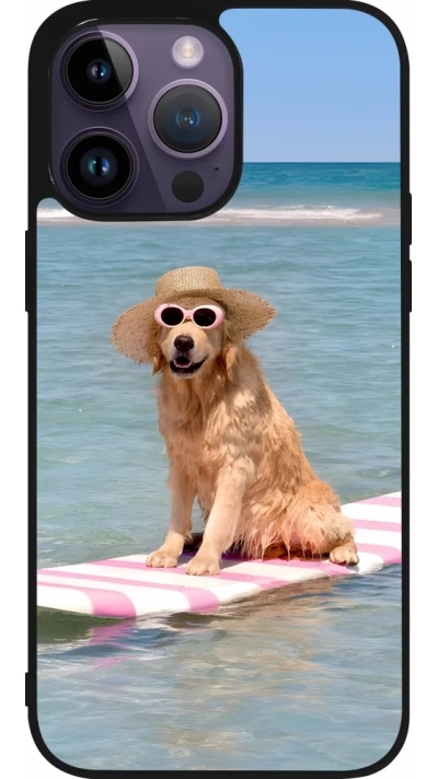 Coque iPhone 15 Pro Max - Silicone rigide noir Summer Dog on Paddle