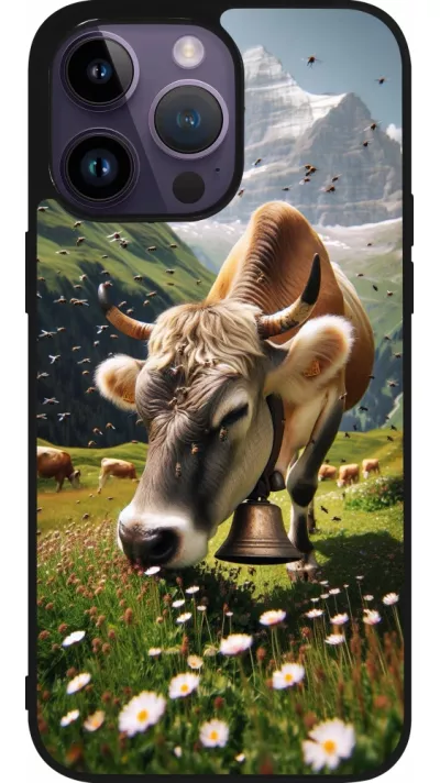 Coque iPhone 15 Pro Max - Silicone rigide noir Vache montagne Valais