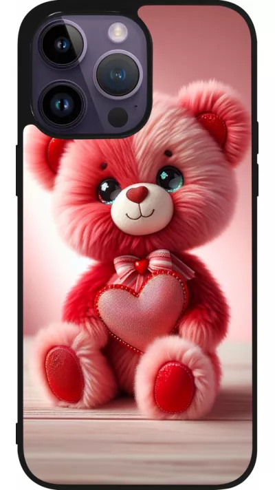 Coque iPhone 15 Pro Max - Silicone rigide noir Valentine 2024 Ourson rose