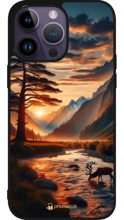 Coque iPhone 15 Pro Max - Silicone rigide noir Valley Sunset Deer Tree