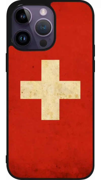 Coque iPhone 15 Pro Max - Silicone rigide noir Vintage Flag SWISS